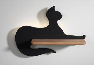Czarna lampka led w kształcie kota z drewnianą półką - K003-Riri