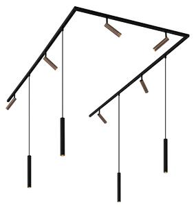 Nowoczesny system oświetlenia szynowego Slimline Uzzy Keno z 6 reflektorami i 4 lampami wiszącymi, ciemny brąz, 1-fazowy