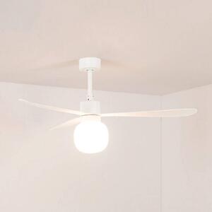 FARO BARCELONA Wentylator sufitowy LED Amelia Ball L, biały, prąd stały, cichy, 132 cm Ball, możliwość ściemniania, biały / opal, salon / jadalnia, tworzywo sztuczne, nowoczesny