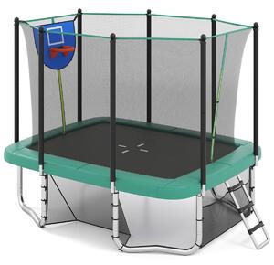 Prostokątna trampolina ogrodowa z drabinką i obręczą do koszykówki