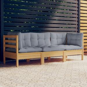 3-osobowa sofa ogrodowa z szarymi poduszkami, drewno sosnowe