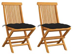 Krzesła ogrodowe z czarnymi poduszkami, 2 szt., drewno tekowe