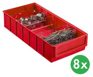 Plastikowy pojemnik do regału ShelfBox typ E - 183 x 400 x 81 mm, 8 ks, czerwony