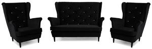 Sofa dwuosobowa + 2 fotele uszak - czarny zestaw wypoczynkowy