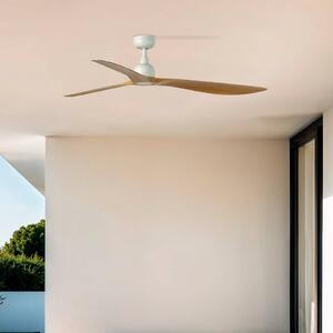 FARO BARCELONA Wentylator sufitowy Outwood, brązowy, DC, cichy, Ø 150 cm, IP44 Outwood, jasne drewno, salon / jadalnia, tworzywo sztuczne, dworkowy / rustykalny