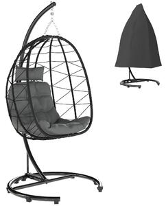 Krzesło wiszące "Egg" z rattanu PE i stali, fotel wiszący składany, odporny na warunki atmosferyczne, czarny | 102x102x195 cm | do 150 kg | w zestawie poduszka
