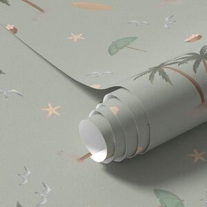 Tapety Tropikalne palmy, ptaki i muszelki na tle w kolorze szałwiowej zieleni, Unikalne tapety, a01280v1 : Uwalls.pl