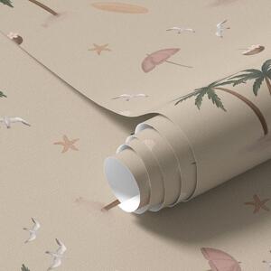 Tapety Tropikalne palmy, ptaki i różowe parasole na beżowym tle, Unikalne tapety, a01280v2 : Uwalls.pl