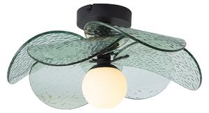 Designerska lampa sufitowa czarna z zielonym żebrowanym szkłem - Kemner