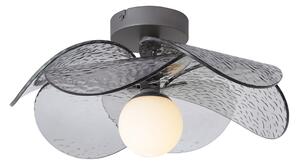 Designerska lampa sufitowa srebrna z przydymionym, żebrowanym szkłem - Kemner