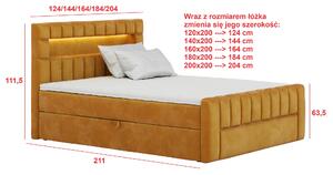 Łóżko kontynentalne z pojemnikiem, materacem i toperem Cardeto + LED Tkaniny i Kolory Do Wyboru