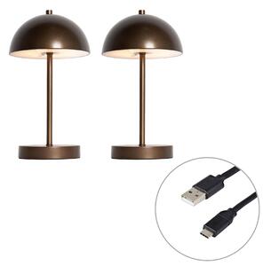 Zestaw 2 lamp stołowych zewnętrznych ciemny brąz ładowalnych z LED z 3-stopniowym ściemnianiem - Keira