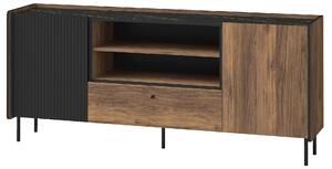 Komoda 180 cm z szufladą do salonu Prestigo P16 Czarna/Orzech/San Sebastian