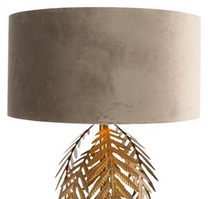 Vintage lampa podłogowa złota klosz welurowy szarobrązowy - Botanica Oswietlenie wewnetrzne