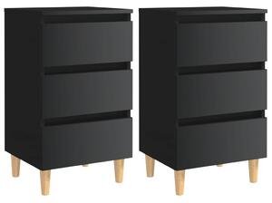 2 szafki nocne z drewnianymi nogami, czarne, połysk, 40x35x69cm