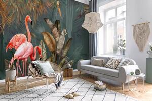 Fototapeta Różowe flamingi i ptak w lesie, Fototapety design, Popularne Fototapety, u21344 - Tapeko.pl
