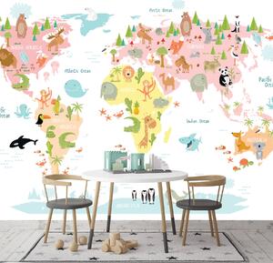 Fototapeta Mapa świata ze zwierzętami, Fototapety Dziecięce, Popularne Fototapety, u32762 - Tapeko.pl