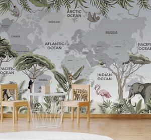 Fototapeta Mapa świata ze zwierzętami i ptakami, Fototapety Dziecięce, Popularne Fototapety, u50380 - Tapeko.pl