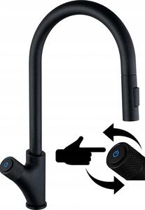 Granitan | Bateria kuchenna z systemem Press Pull-out – czarna – obracana o 360° – wysuwana wylewka – mosidz
