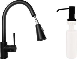 Granitan | Bateria granitowa do zlewu kuchennego – bateria kuchenna + dozownik myda – czarna – wysoko 40 cm – obracana o 360° – wysuwana
