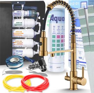 Bateria kuchenna Ari Solid Spring z 3 strumieniami, w kolorze szczotkowanego zota, z elastycznym wem i 5-stopniowym systemem filtracji wody, z podblatowym filtrem do wody pitnej