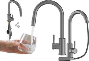 Granitan | LOSETO – bateria kuchenna – wysuwana wylewka – 2 rodzaje strumienia – szara – stal nierdzewna – gowica ceramiczna