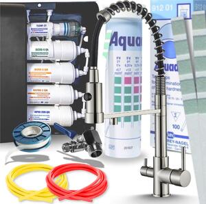 Bateria kuchenna trójdrona Ari Solid Spring INOX, z filtrem wody, elastyczna wylewka 360, mosiny korpus