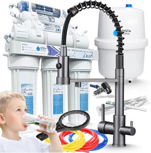 Bateria kuchenna trójdrona Ari Solid Spring z filtrem wody, obrotowa wylewka, grafit, mosiny korpus