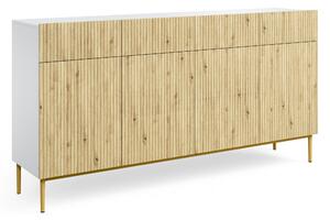 Komoda czterodrzwiowa Nicole 200 cm z szufladami - biały / dąb artisan / złote nóżki