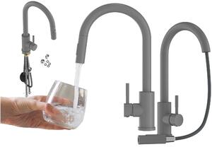 Granitan | LOSETO – bateria kuchenna – wysuwana wylewka – 2 rodzaje strumienia – szara – stal nierdzewna – gowica ceramiczna