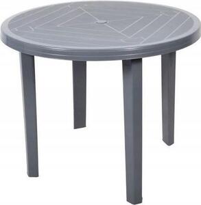 Okrgy stó ogrodowy 90 cm, szary, plastikowy, zdejmowany i odporny na warunki atmosferyczne, z otworem na parasol