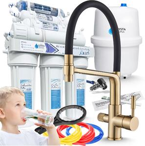 3-drogowa bateria kuchenna Flexible z systemem filtracji wody RO7 (odwrócona osmoza), 7-stopniowa filtracja, membrana 75 GPD, wycigana wylewka, dwa rodzaje strumienia