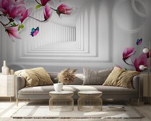 Fototapeta Tapeta z różowymi kwiatami i motylami, Fototapety 3d z kwiatami, Popularne Fototapety, u94055 - Tapeko.pl
