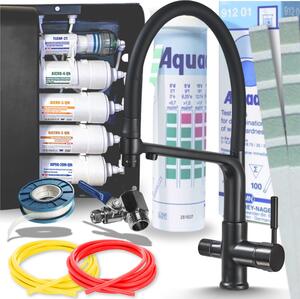 Ari Flexible – 3-funkcyjna bateria kuchenna w kolorze matowej czerni, z wysuwanym wylewem i 5-stopniowym systemem filtracji wody, z podblatowym filtrem do wody pitnej