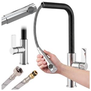 Granitan | LINEA – bateria kuchenna – wysuwana wylewka – czarna nakrapiana – gowica ceramiczna