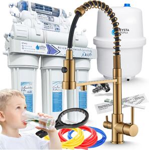 Bateria kuchenna trójdrona Ari Solid Spring z filtrem wody, wycigana wylewka, obrotowa 360, szczotkowany zoty