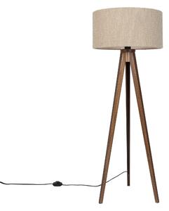 Nowoczesna lampa podłogowa drewno orzechowe z beżowym abażurem bouclé 50cm - Tripod Classic