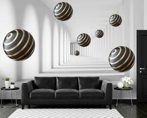 Fototapeta Kule w paski unoszą się w białym korytarzu, Fototapety 3d, Popularne Fototapety, u95356 - Tapeko.pl