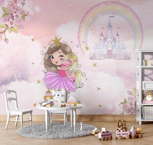 Fototapeta Kreskówka dziewczynki przytulającej małą dziewczynkę w różowej sukience, Fototapety Dziecięce, Popularne Fototapety, u95401 - Tapeko.pl