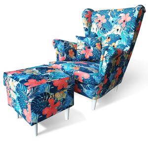 MebleMWM Fotel USZAK 7 w kwiaty, z podnóżkiem | Kolor do wyboru