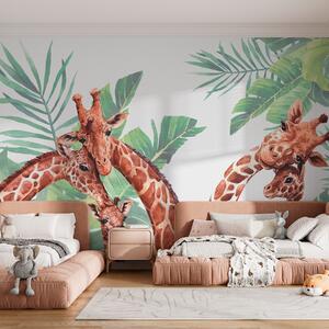 Fototapety Kreskówka rodzina żyraf i liście palmowe na białym tle, Fototapety designerskie, w00140v3 : Uwalls.pl