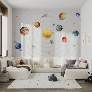 Fototapety Układ słoneczny, planety, słońce, rakieta, ufo, satelita, gwiazdy, białe tło , Fototapety Dziecięce, w00214 : Uwalls.pl