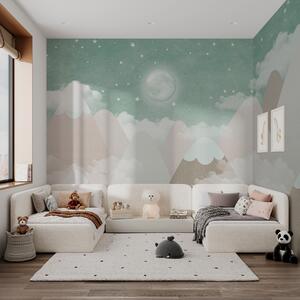 Fototapety Księżyc nad ośnieżonymi górami ilustracja dla dzieci w kolorze zielonym, Fototapety Dziecięce, w00374v3 : Uwalls.pl