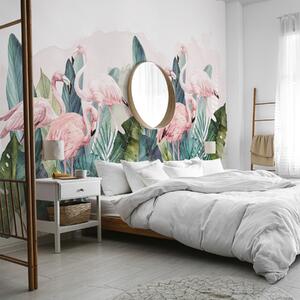 Fototapety Flamingi w tropikalnych liściach, akwarela, różowe i zielone kolory, Fototapety Zwierzęta, Fototapety Flamingi, w00505 : Uwalls.pl