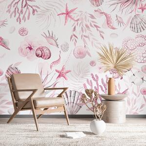 Fototapety Akwarela wzór morski, styl boho, muszle, koralowce, bawełna, różowe kolory, Fototapety Kwiaty, w00851v3 : Uwalls.pl