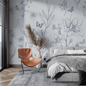 Fototapety Boho Monochromatyczne kwiaty i motyle w kolorze niebieskim, Fototapety Zwierzęta, Fototapety Motyle, w08088v2 : Uwalls.pl