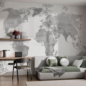 Fototapety Stylowa mapa świata z liśćmi i roślinami w kolorze szarym, Fototapety Mapy, w08211v2 : Uwalls.pl