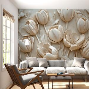 Fototapety kwiatowa grafika 3D z wdzięcznymi tulipanami w beżowym kolorze, Fototapety 3D, Fototapety 3d Kwiaty, w01851 : Uwalls.pl