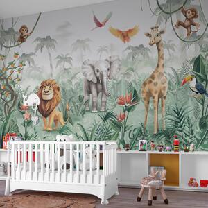 Fototapety Dziecięcy wzór dżungli z lwem, żyrafą, słoniem i papugami, Fototapety Zwierzęta, w02440 : Uwalls.pl