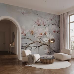 Fototapety Delikatne różowe kwiaty magnolii kwitnące na nagich gałęziach drzew na miękkim, zamglonym tle, Fototapety Kwiaty, w08589 : Uwalls.pl